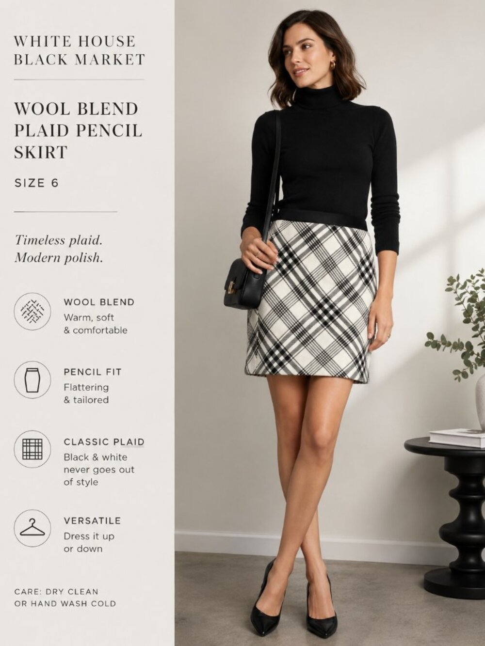 White House Black Market Women's Size 6 Wool Blend Plaid Pencil Mini Skirt Black